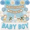 Dusty Blue Baby Shower Decorations for Boy with Welcome Baby Banner Baby Boy Letter Blue Champagne Sand Foil Balloons Fringe Curtains Paper Pom Poms for Boho Baby Shower Gender Reveal Party Supplies